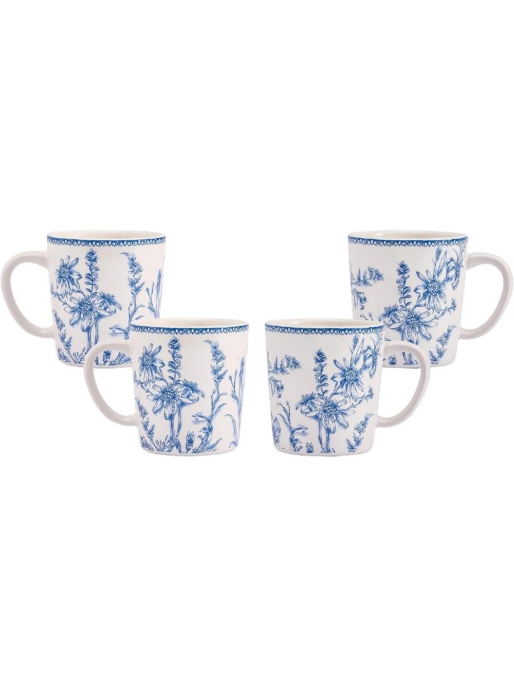 Set of 4 Aesthetic Blue Garden Ceramic Coffee Mugs, 18 oz Large Tea Cups